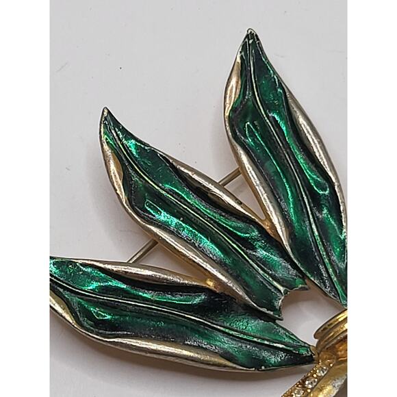 Vintage green enamel leaf brooch gold tone bow rhinestones mid-century jewelry - Picture 4 of 8
